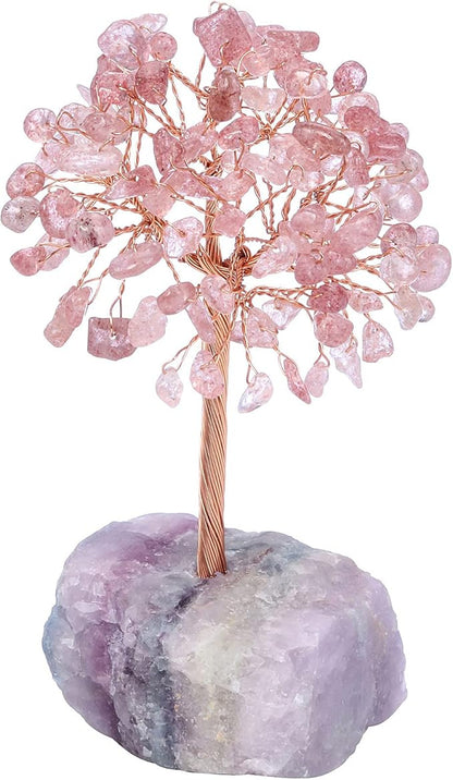Jovivi Natural Strawberry Quartz Crystal Tree, Raw Healing Crystals Fluorite Base Bonsai Money Tree for Home Office Table Decor Wealth and Luck