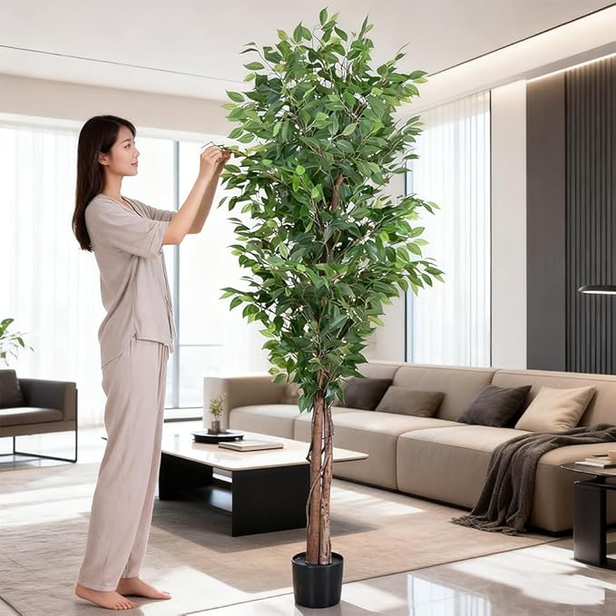 2pcs 6ft Decorative Fake Ficus Tree Indoor, Artificial Trees Indoor for Home Decor, Potted Faux Tree Plant with Realistic Silk Leaves, Natural Triple Wood Trunk for Outdoor, Office