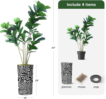 Artificial Tree in Modern Geometric Pattern Planter, Fake Ficus Lyrata Silk Tree for Indoor and Outdoor Home Decoration - 66" Overall Tall (Plant Pot Plus Tree)