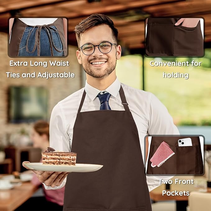 4 Packs Chef Apron, Waterproof Apron, Adjustable Aprons with 2 Pockets for Men Women, Professional Aprons for Kitchen Cooking Gardening Painting Baking Restaurant (Coffee)