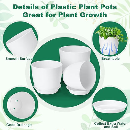 7 Pack Mix Size Plastic Plant Pots, 6.2/5.4/4.8/4.5/4 inch Indoor Planters with Drainage Holes and Tray, Thickened Plastic Flowers Pots for Plants, Succulents, Snake Plant and Cactus, White