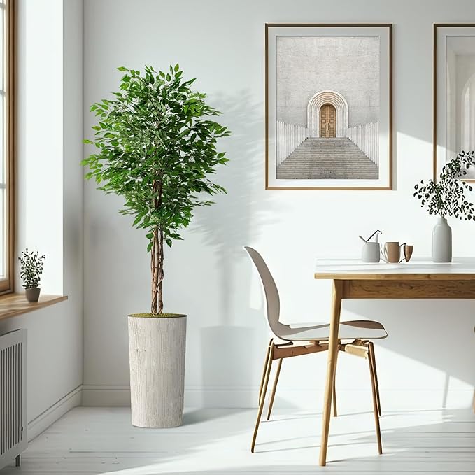 Artificial Tree in Modern Swirl Pattern Planter, Fake Ficus Silk Tree for Indoor and Outdoor Home Decoration - 75" Overall Tall (Plant Pot Plus Tree)