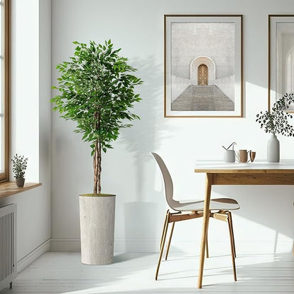 Artificial Tree in Modern Swirl Pattern Planter, Fake Ficus Silk Tree for Indoor and Outdoor Home Decoration - 75" Overall Tall (Plant Pot Plus Tree)