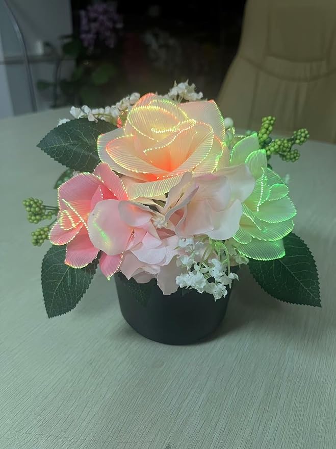 Artificial Floral Arrangement, Rose, Greenery, Fake Flower with RGB Led Light, Home Decor Rose Flower Lamp, Gift for Women, Valentines Day, Birthday, Wedding Anniversary