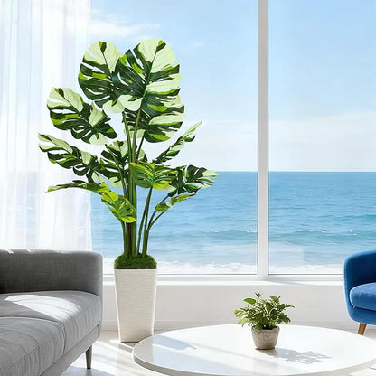 5FT Artificial White Leaf Monstera Plant,Realistic Faux Monstera Plant with Tall White Planter, Lifelike Indoor Outdoor Artificial Tree for Living Room, Bedroom, Office, Housewarming Decor