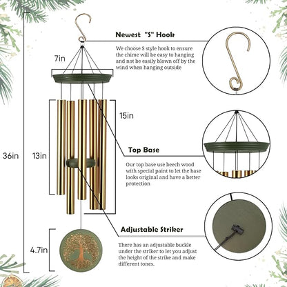Wind Chimes for Outside, Outdoor Wind Chimes with Tree of Life Engraving, Garden Decor for Mom & Grandma, Deep Tone Metal Chimes for Yard, Home, Birthday Box Included