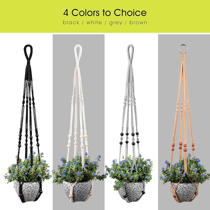 RIFNY Macrame Plant Hanger for 5 to 10 Inch Plant Pots, 35 Inch Indoor Handmade Woven Rope Hanger Kits with Hooks and Wood Beads, Hanging Planter Basket Holder for Boho Home Decor (Grey, 3 Pack)