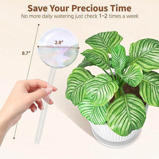 LASZOLA 4 Pcs Rainbow Glass Plant Self-Watering Globe for Indoor Outdoor, House Water Bulb for Small or Large Flower Pot, Iridescent Transparent Decorative Plant Dispenser Ball, Perfect for Vacation