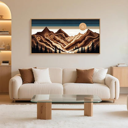 Large Abstract Mountain Woodcut Framed Canvas Wall Art,Modern Tree Ring Wall Decor,Sunrise Ridge Scenery Painting,Retro Desert Artwork for Living Room,Bedroom,Dining Room,Office -20"x40"x1