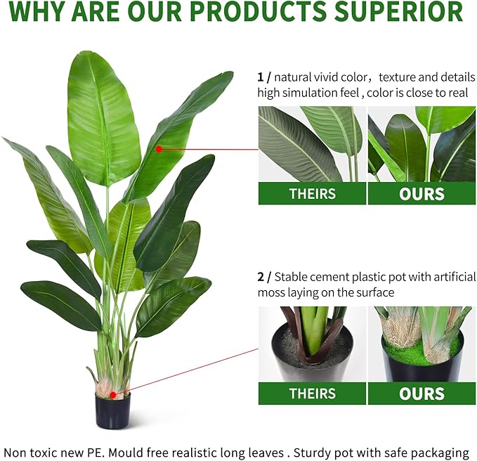 Artificial Bird of Paradise Plant, Fake Tree with Realistic Leaves and Durable pots, Realistic Branches Artificial Tree for Indoor Outdoor Home Decor (5FT 1Pack)