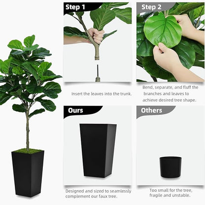 Fiddle Leaf Fig Tree Artificial 5FT - Faux Plant With Black Tall Planter - Fake Ficus Lyrata Floor Plant in Pot for Home Office Living Room Decor Indoor
