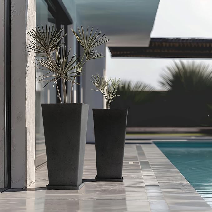 LA Jolie Muse 30 Inch Tall Planters for Outdoor Plants, 2 Sets Concrete Grey, Tall Large Planters for Front Door, Patio and Deck