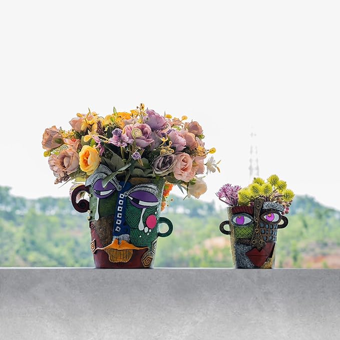 Abstract Face Planters Pots - Whimsical Hand-Painted Ceramic Face Pot for Succulents, Unique Planters for Indoor Garden Decor, Artistic Home & Office Desk Decoration（1small& 1 Big）