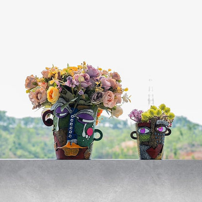 Abstract Face Planters Pots - Whimsical Hand-Painted Ceramic Face Pot for Succulents, Unique Planters for Indoor Garden Decor, Artistic Home & Office Desk Decoration（1small& 1 Big）