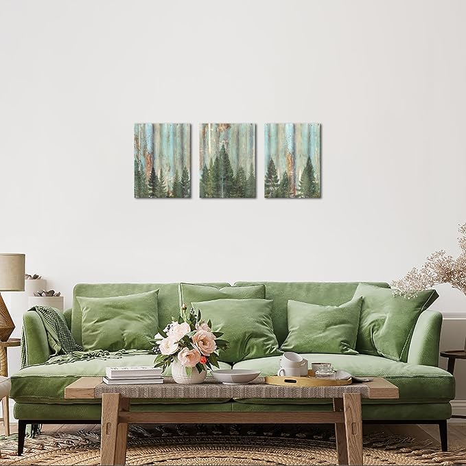 AoArtWZ 3 Pieces Forest Canvas Wall Art Vintage Fir Tree Picture Artwork Rustic Green Bathroom Painting For Home Decor Framed 12"x16"x3pcs