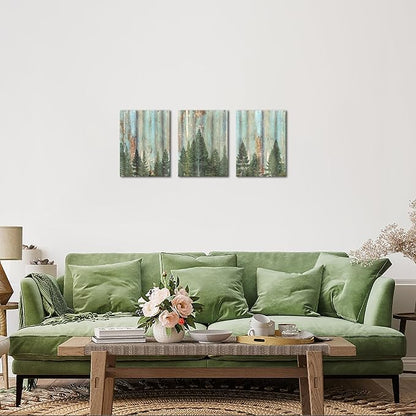 AoArtWZ 3 Pieces Forest Canvas Wall Art Vintage Fir Tree Picture Artwork Rustic Green Bathroom Painting For Home Decor Framed 12"x16"x3pcs