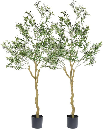 Tall Faux Olive Tree，7ft（84in） Realistic Potted Silk Artificial Olive Tree， Fake Olive Trees Indoor for Home Office Living Room Bedroom Stairs Foyer Decor.2pack.
