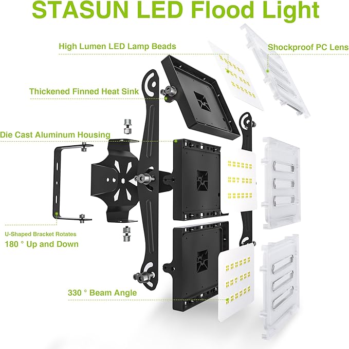 LED Flood Light Outdoor, STASUN 150W 15000lm 6000K Daylight White IP66 Waterproof, Commercial Parking Lot Light,3 Heads for Yard Street Stadium House Floodlight Bright Security Lights for Outdoor Area