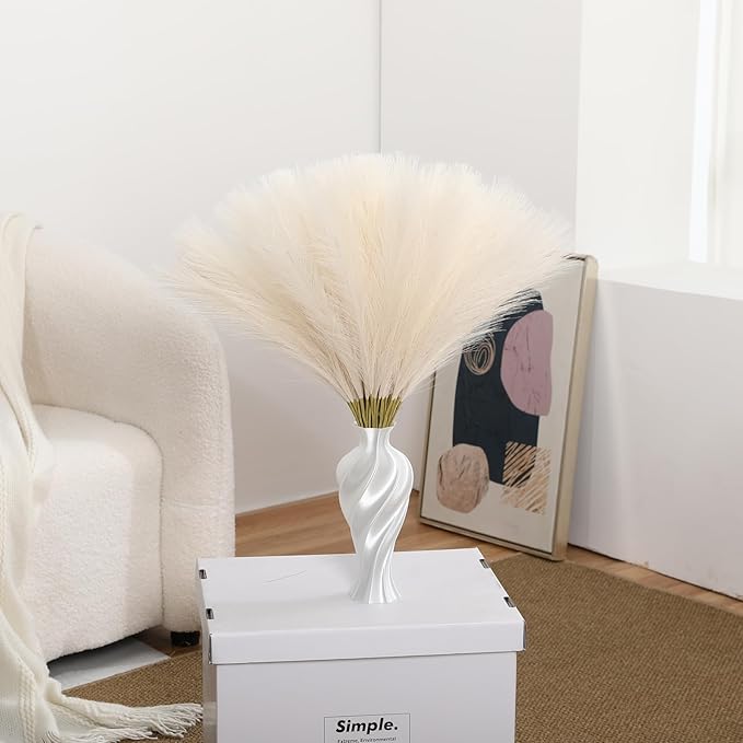 Faux Beige Pampas Grass - 60pcs 24 Inch Boho Home Decor, Artificial pompas Floral, Small Fake Pompous Grass for Table Centerpieces, Wedding and Baby Shower Decorations (Beige, 60 Pieces)