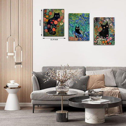 3 PCs Garden Cat Wall Decor Canvas Wall Art Framed Art Cat Posters, Cat Decor for Cat Lovers, Cat Lover Gifts, Aesthetic Artwork for Walls Living Room Bathroom Dining Room Bedroom Home Office Decor