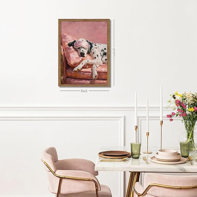Vintage Framed Dalmatian Wall Art, Cute Dog Canvas Prints Home Decor, Pink Aesthetic Oil Painting, Dalmatian in Sleep Mask Picture Wall Decor for Bedroom Living Room Dormitory – 8x10 inch