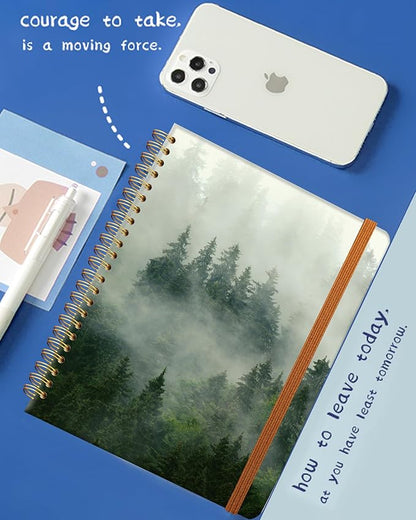Ruled Spiral Writing Notebook,A5 Hardcover Lined College Journal for Women,Strong Twin-Wire Binding with Premium Paper,8.4" X 6",Perfect for School,Office,Home(Misty Landscape Forest)