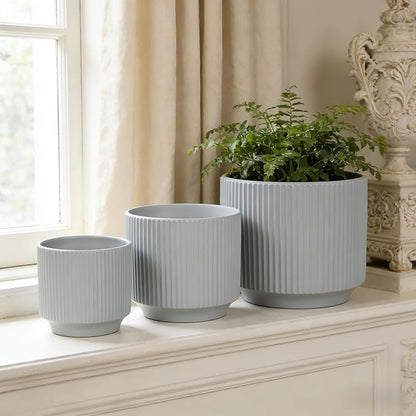 Oakrain Plant Pots with Vertical Stripes 7.8/6.5/5.2 inch, Set of 3 Modern Decorative Planters for Indoor Outdoor Plants, Flower Pot with Drainage Holes, Ceramic Blue