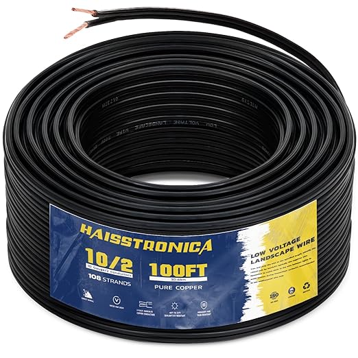 haisstronica 10/2 Low Voltage Landscape Wire 100ft - Copper Direct Burial Waterproof Cable for Landscape Lighting, Outoor Pathway Lights & Garden LED,UL Listed,UV Resistant