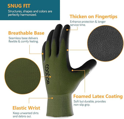 COOLJOB Gardening Gloves for Men, 6 Pairs Breathable Rubber Coated Garden Gloves for Weeding Landscaping, Outside Work Gloves for Lawn Yard, Men’s Xlarge Size, Black & Green (Half Dozen XL)
