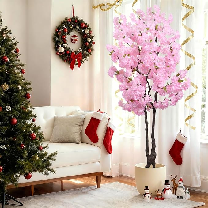 Faux Cherry Blossoms Tree Pink 6FT Artificial Cherry Blossom Tree Beautiful Flowering Trees for Home Christmas New Year Decor