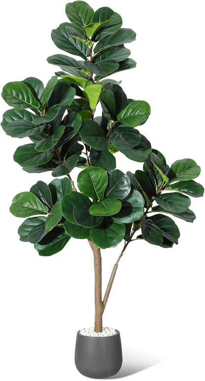 5 ft Fiddle Leaf Fig Tree Artificial with 77 Leaves - Realistic Faux Ficus Lyrata Trees in 7.8 in Grey Planter Pot, Indoor Fake Floor Plants for Home Office Living Room Decor, Housewarming Gift