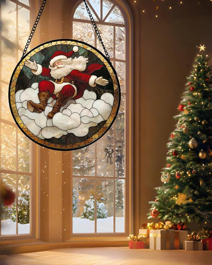 Stained Glass Window Hanging - Red White Santa Claus Clouds Suncatcher for Doors Home Christmas Decoration Sun Catcher Thanksgiving New Year Birthday Gifts for Friend Women Men Mom Nana 15 in