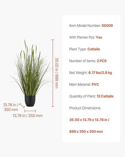 VEVOR Artificial Grass Plant, 2 Pack 35 inch Cattail Grass in Pot, Premium PVC Faux Fake Greenery Shrubs Plant for Indoor Outdoor House Home Garden Office Room Décor, Housewarming, Green