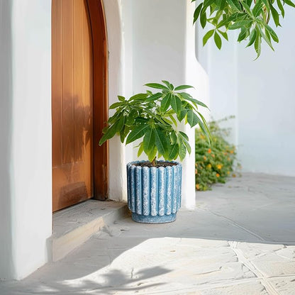 Ceramic Planter for Indoor Plants - 9.6 Inch Ceramic Plant Pots with Drainage Hole, Large Flower Pots Outdoor, Fluted Decorative Round Planter, Front Door Decor, Housewarming Gifts, Blue
