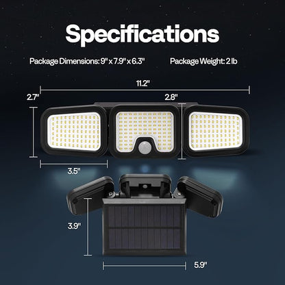VIVOHOME Solar Flood Lights Outdoor, 256 LED 2500LM Motion Sensor Lights, 3 Adjustable Heads Security Lights, IP65 Waterproof, 270° Wide Lighting Angle Solar Powered Lights for Porch, Yard, 2 Pack