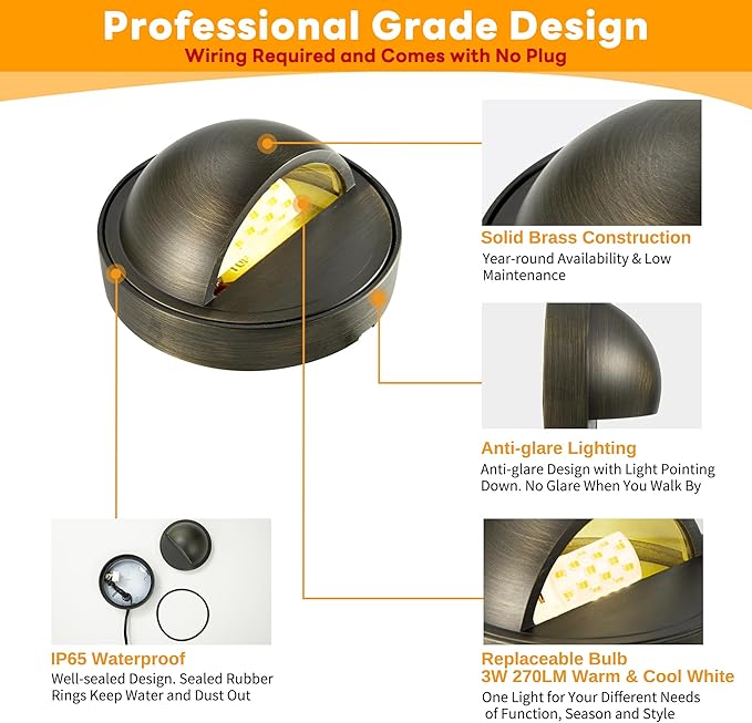 Gardenreet Low Voltage Deck Lights - Landscape Solid Brass Step Lights Outdoor, 12V LED Hardwired Waterproof Bronze for Fence Wall Yard with 3W 270LM Adjustable Warm & Neutral White G4 Bulb 12 Pack