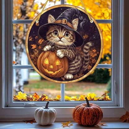 Acrylic Window Hanging Pumpkin Wizard Cat Stained Panel Window Decoration for Halloween Decorations Outdoor Indoor Garden Yard Home Halloween Decor 12 Inch