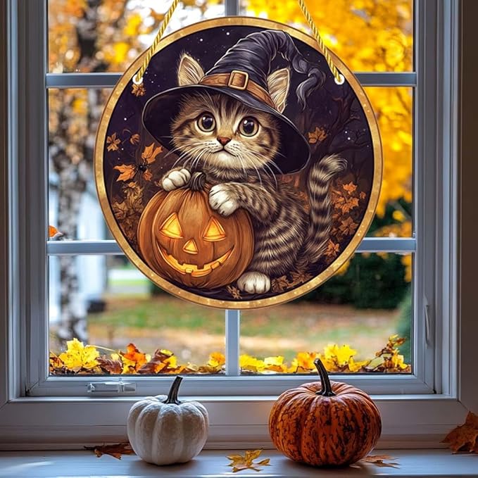 Acrylic Window Hanging Pumpkin Wizard Cat Stained Panel Window Decoration for Halloween Decorations Outdoor Indoor Garden Yard Home Halloween Decor 8 Inch