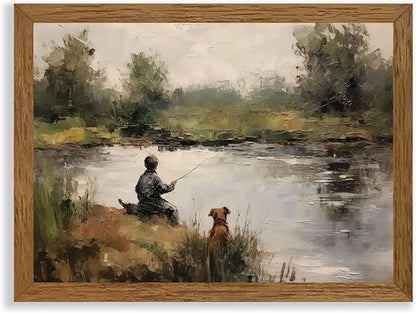 Wojuin Framed Vintage Boy Fishing Canvas Wall Art, Child with Pole and Puppy Artwork Wall Decor, Country Farmhouse Boyhood Dog Paintings Prints for Nursery Living Room Bedroom Bathroom 16x24 in