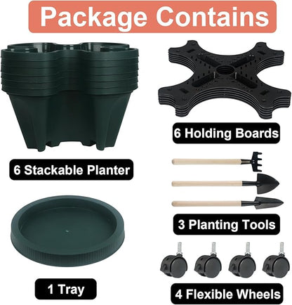 Vertical Planter 6 Tier Stackable Planters Garden Planters Strawberry Herb Flower and Vegetable Planter Indoor Outdoor Gardening Pots with Removable Wheels and Tools