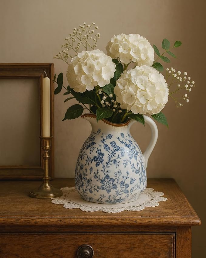 Blue and White Ceramic Vase with Handle – 7.28 Inch Vintage Crackle Glaze Pitcher Style Flower Vase, Chinoiserie Tuscan Decorative Jug for Shelf, Desk, Home Decor