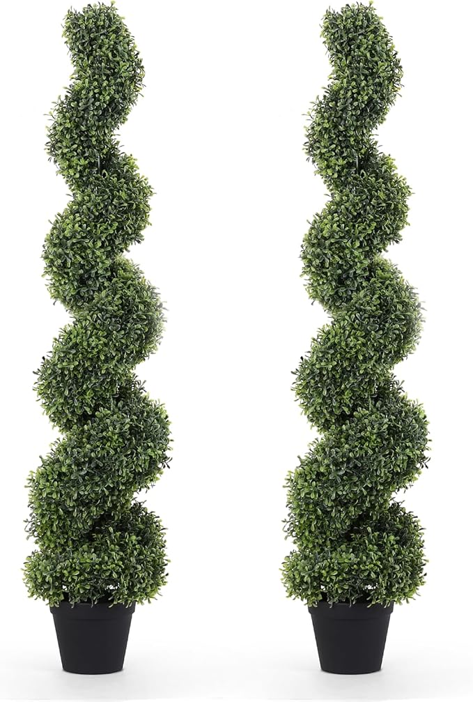 THE BLOOM TIMES 4ft Spiral Topiary Trees Artificial Outdoor Set of 2, 48" Faux Boxwood Plants Outside - All-Year Green Fake Twisted Tree for Garden Front Porch Planter Decor 4 Foot