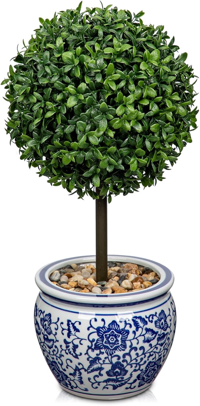 DILATATA Artificial Topiary Boxwood Ball in Blue and White Ceramic Pot, 16 Inch Artificial Boxwood in Planters Decorative Fake Greenery for Table Centerpiece Indoor Plant Home Decor