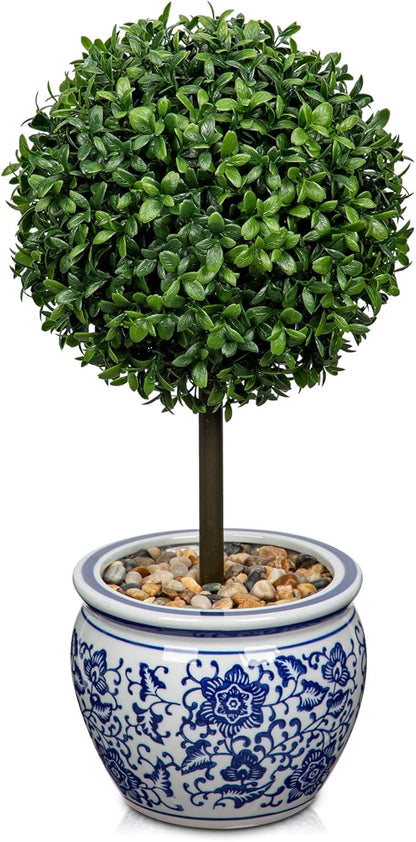 DILATATA Artificial Topiary Boxwood Ball in Blue and White Ceramic Pot, 16 Inch Artificial Boxwood in Planters Decorative Fake Greenery for Table Centerpiece Indoor Plant Home Decor
