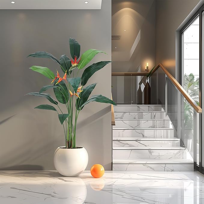7ft Artificial Bird of Paradise Plant, Tall Faux Plants with 17 Faux Leaves and 3 Blooming Flowers, Artificial Plants Indoor with Black Nursery Pot for Home Decor Office Living Room 1 Pack