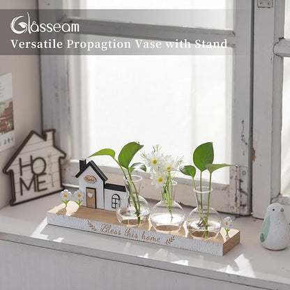 Glasseam Propagation Stations Plant Terrarium: Unique Hydroponic Planter Housewarming Gifts New Home for Women Men - Glass Propagation Jars with Wooden Stand Bulb Vase for Home Decor Plant Lover