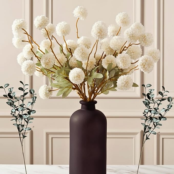 RyddeligHome White Faux Flowers for Vase - Kiku 10 Stems & Eucalyptus, Fake Flowers Stems for Pottery Vase, Realistic Artificial Flowers, Pom Pom Balls for Aesthetic Farmhouse Barn Room Decor
