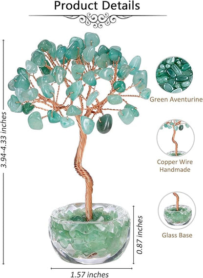 Jovivi Small Green Aventurine Crystal Tree, Natural Crystal Healing Stones Tree Glass Bowl Base Gemstone Money Trees Feng Shui Good Luck Home Desk Decor