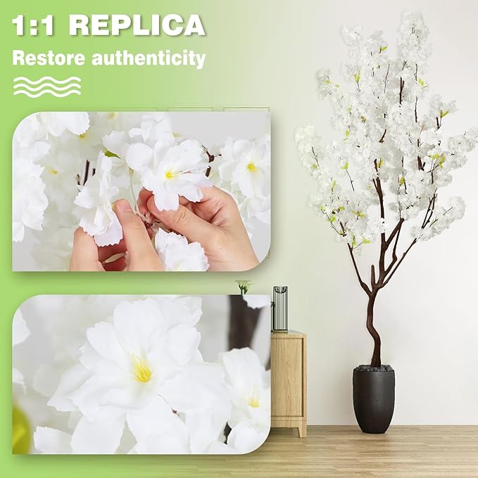 7.2ft Tall Artificial White Cherry Blossom Tree Indoor Decor, Fake Silk Flower Cherry Tree Plant Outdoor, Faux Flowering Tree Christmas New Year Home Decor