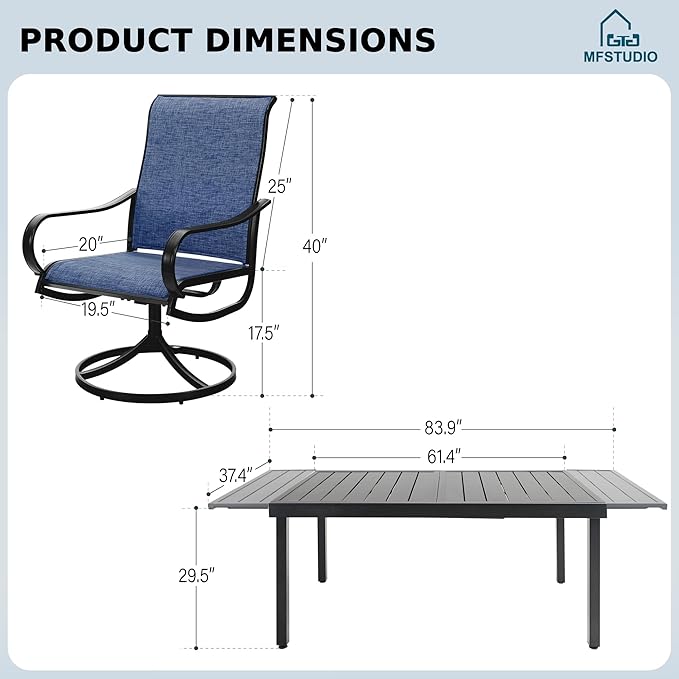 MFSTUDIO Patio Dining Set for 8, Outdoor Dining Set with Expandable Table and Swivel Chairs, 9 Piece Outdoor Patio Furniture Set for Deck/Backyard/Poolside/Garden